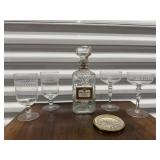 Johnny Walker decanter, etched wine glasses,