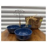 Bushel basket, blue bowls (3), pig swatter