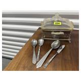 Vintage Pyrex baking dish, server, silverware