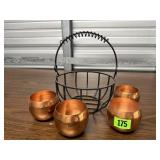 Wrought iron basket, copper cups