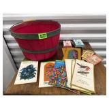 Bushel basket, playing cards, score cards
