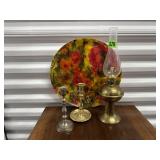 Brass lamp, candlestick, floral acrylic plate