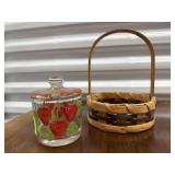 Amish handled basket, strawberry jam jar