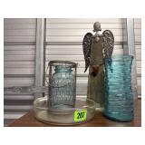 Pyrex dish, teal vase, ball jar, angel
