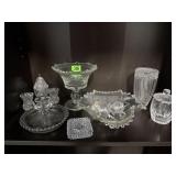 Shelf of crystal, hobnail, assorted glassware