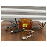 Vintage ashtray, allen wrenches, pocket knives,