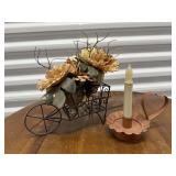 Wire wheelbarrow planter, taper candle