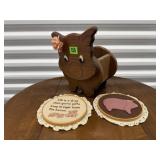 Wooden pig planter, needlepoint
