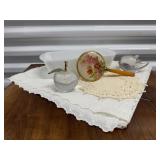 Milk glass loaf pan, hand mirror, crystal apple,