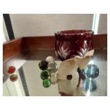 Ruby crystal dish, elephant sculpture, marbles