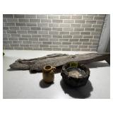 Driftwood, pottery jug, German ashtray