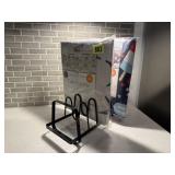 Lid rack, NEW vinyl tablecloths (2)