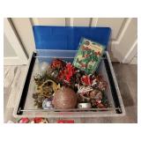 Tote of Christmas ornaments, decorations