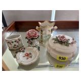 Rose bric brac, ashtray. toothpick holder, powder