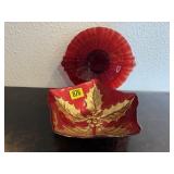 Red glassware, holly dish