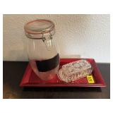 Butter dish, glass jar, red tray