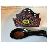 Cast iron napkin holder, stoneware spoon rest