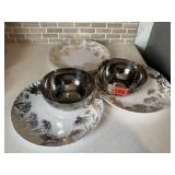 Plastic floral picnic plates, hammered metal