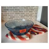 Blue fruit bowl, potholders