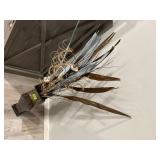 Metal floral floor vase, contents included