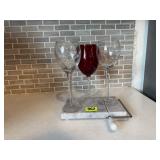 Marble cheese slicer, wine glasses (3)