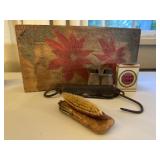 Poinsetta box, scale, Lucky Strike matchbox, brush