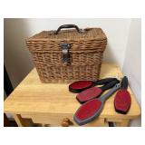 Wicker basket, lint brushes