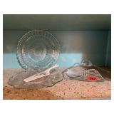 Crystal, glass serving platters, cake plate