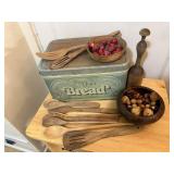 Vintage bread box, wooden spoons, bowl fillers