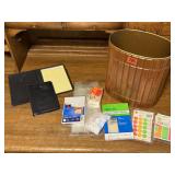 Trash bin, portfolios, labels, price tags