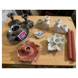 Assorted candlesticks, beeswax tapers