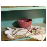 Pink melamine bowl, linens, plastic utensils