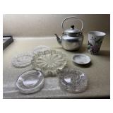 Teapot, cup, butter pat, glassware