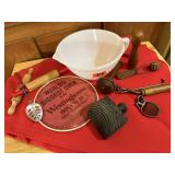 Milk glass batter bowl, vintage kitchen utensils,