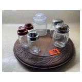 Salt & pepper, cheese shakers, jar, wooden plate