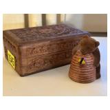 Wood carved trinket box, honey bear