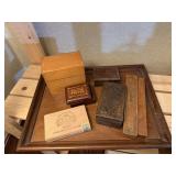 Wooden tray, recipe, cigar, trinket boxes