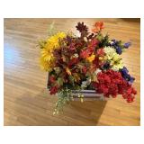 Box of silk flowers, greenery, floral picks