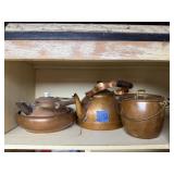 Copper pail, tea kettles (3)
