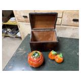 Recipe box, tomato dish, fruit salt & pepper