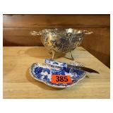 Silver dish, cobalt crescent dish, knife