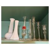 Milk glass, clear glass candlesticks, vases