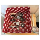Box of kitchen utensils, ladles, tongs