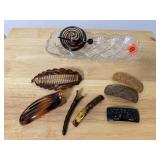 Dish of hair clips, banana clip