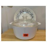 Corningware deep baking dish, vintage plate