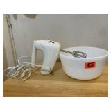 Milk glass mixing bowl, Westinghouse hand mixer