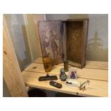 Wooden box of trinkets, minnow lure