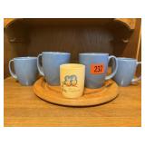 Corelle coffee mugs, wood tray