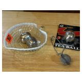 Hobnail Moonstone dish, tea balls