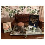 Mirrored vanity tray, book, trinkets, candle ring